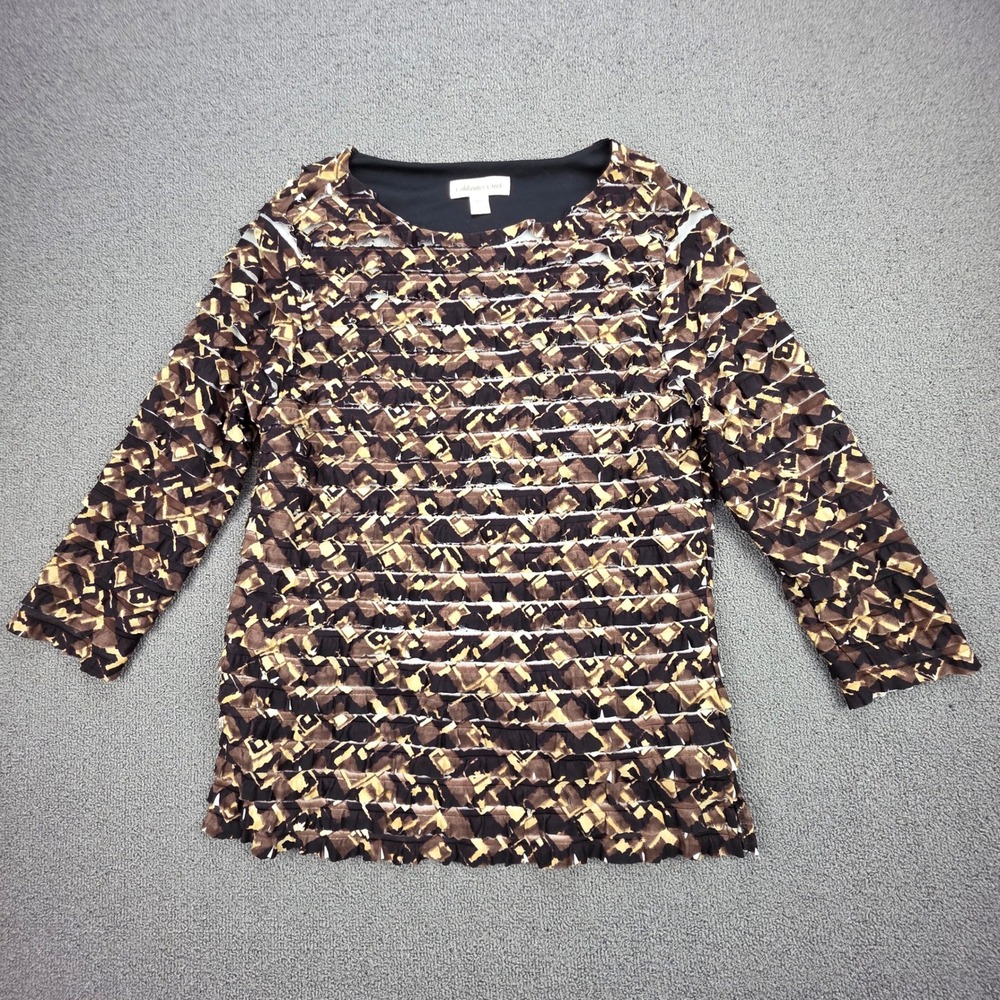 Coldwater Creek Tiered Ruffle Top Womens Brown Geometric 3/4 Sleeve Blouse S